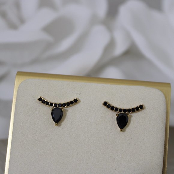 18K Gold Plated Black Rhinestone Stud Earrings - Picture 2 of 4